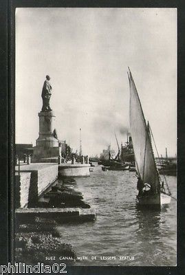Egypt SUEZ Canal with Lesseps Statue Ship View / Picture Post Card # PC071