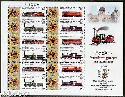 India 2011 INDIPEX Full Steam Ahead Locomotive My Stamp Se-tenant Cust. Sheetlet # 10626
