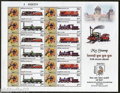 India 2011 INDIPEX Full Steam Ahead Locomotive My Stamp Se-tenant Cust. Sheetlet