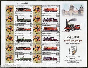 India 2011 INDIPEX Full Steam Ahead Locomotive My Stamp Se-tenant Cust. Sheetlet # 10626