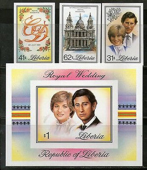 Liberia 1981 Diana & Charles Royal Wedding 3v + M/s IMPERF MNH # 12986