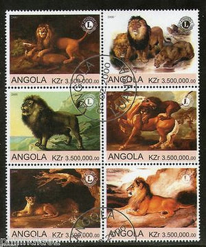 Angola 2000 African Lions Wild Life Animal Setenant BLK/6 Cancelled # 13493