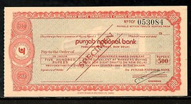 India Rs.500 Punjab National Bank Traveller's Cheques ' SPECIMEN ' RARE # 5823D