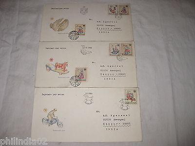 Czechoslovakia 1986 Toys UNICEF Child Survival set of 3 FDCs to India # 18422