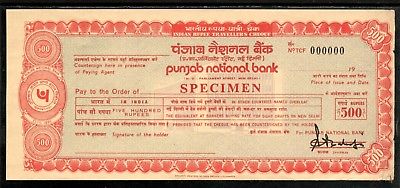 India Rs.500 Punjab National Bank Traveller's Cheques ' SPECIMEN ' RARE # 6014D