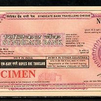 India Rs.1000 Syndicate Bank Traveller's Cheques ' SPECIMEN ' RARE # 16132C