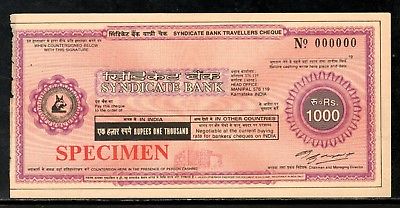 India Rs.1000 Syndicate Bank Traveller's Cheques ' SPECIMEN ' RARE # 16132C