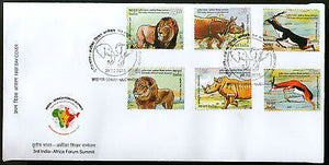 India 2015 lndia - Africa Forum Summit Lion Rhinoceros Gazelle Black Buck 6v FDC