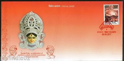 India 2017 Hindu Mythology Goddess Durga Mask Drum Kolkata Special Cover # 6705