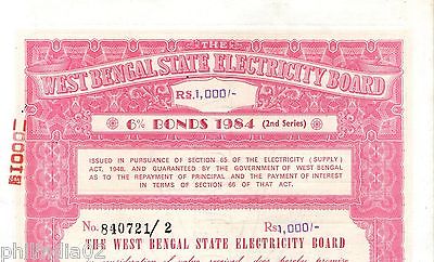 India 1984 West Bengal State Electricity Bonds 2nd Series Rs. 1000 # 10345H