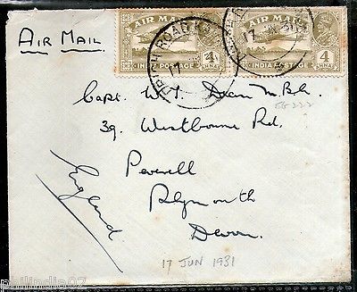 India 1931 KG V Air Mail Stamp on Cover Drigh Road Karachi to England # 1451-02