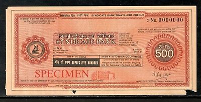 India Rs.500 Syndicate Bank Traveller's Cheques ' SPECIMEN ' RARE # 16132A