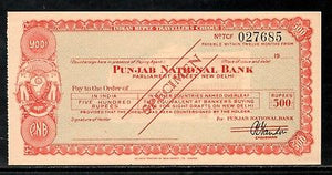 India Rs.500 Punjab National Bank Traveller's Cheques ' SPECIMEN ' RARE # 16221D