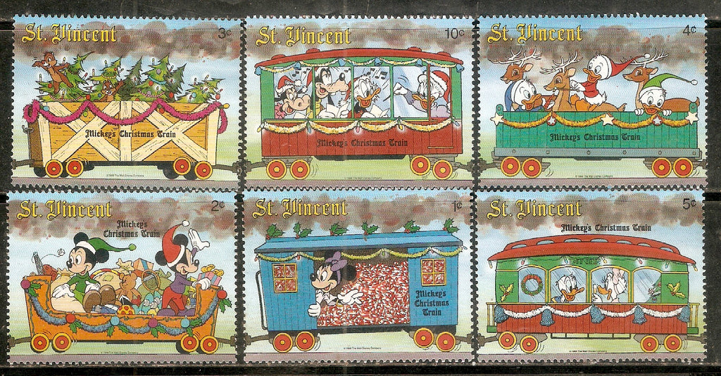 St. Vincent Walt Disney Animation Cartoon Film Mickey Duck Christmas Train 6v MNH # 3654