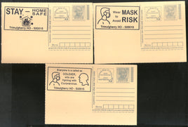 India 2020 3 Diff. COVID-19 Black Slogan Cancellation on Gandhi Post Card Mint # 7024