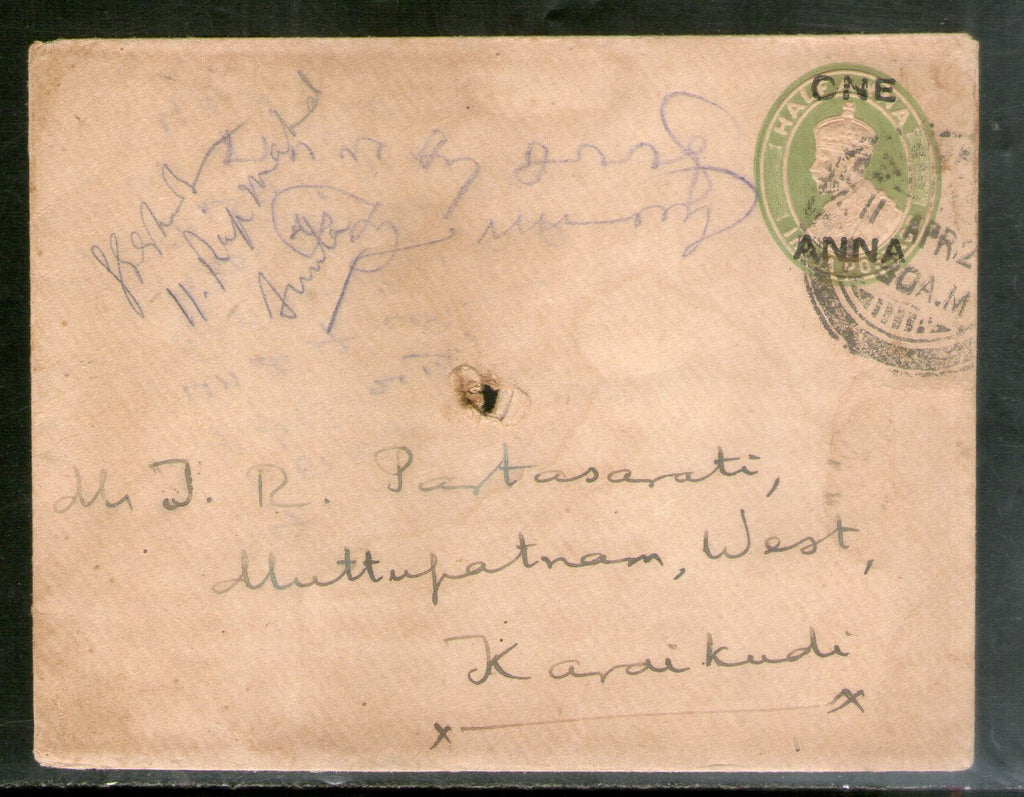 India 1921 KGV ½ An O/p ONE ANNA Used Envelope Jain-E27 # 7617