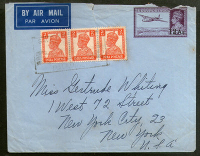 India KGVI 14As Airmail Envelope O/P 12As Also Uprated to USA Good Used # 7619