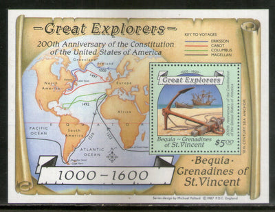 St. Vincent Bequia Gr. 1987 Great Explorers Sea Anchor Ship Map Sc 259 M/s  MNH # 7648
