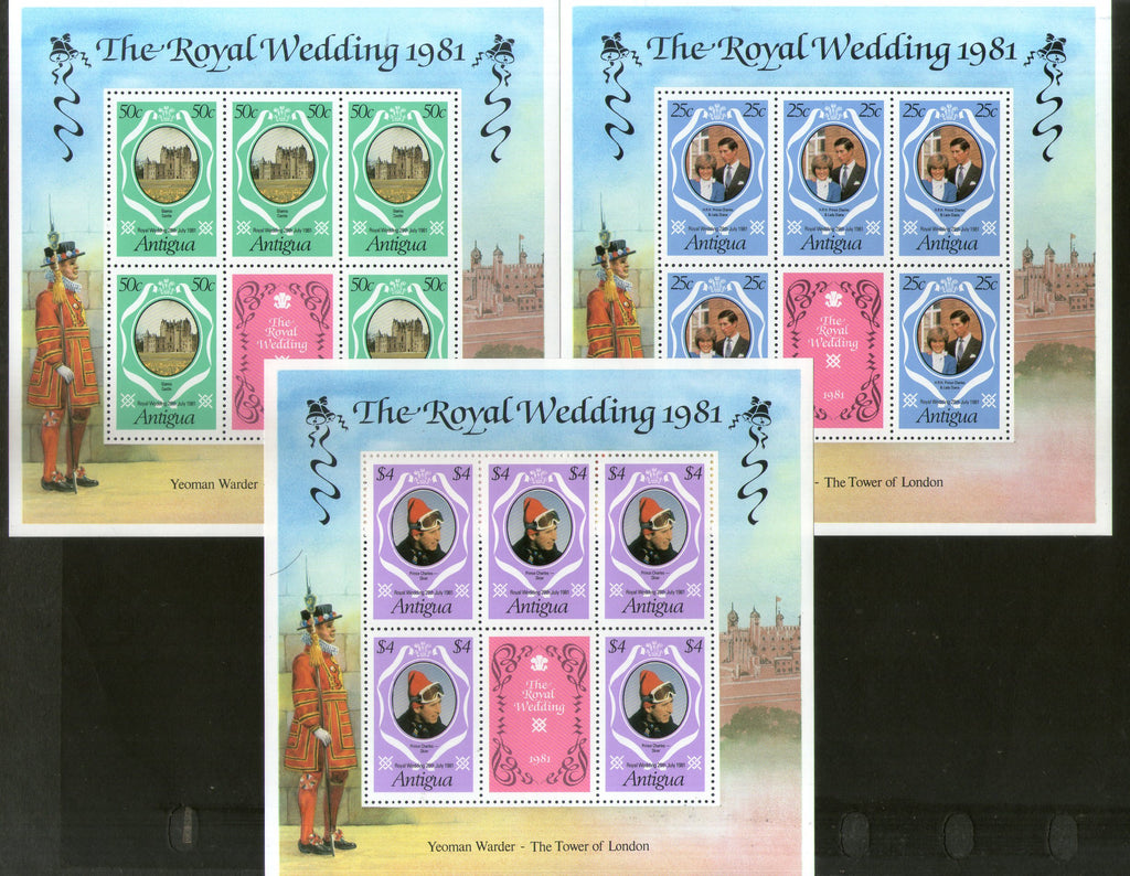 Antigua 1981 Royal Wedding Princess Diana & Charles Sc 523-25 Sheetlet MNH # 9007