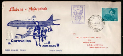 India 1966 Madras - Hyderabad Indian Airlines Domestic First Flight Cover # 1371-24