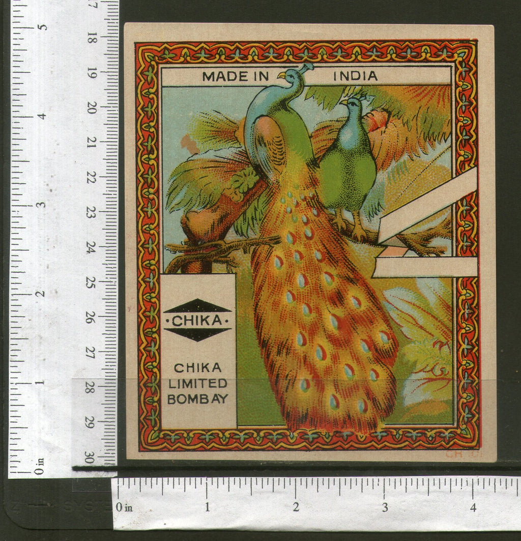 India Peacock Birds Vintage Trade Textile Label Multi-coloured Fauna # 556-46 - Phil India Stamps