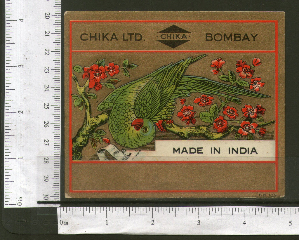 India Parrot Birds Flowers Bronze Vintage Trade Textile Label Multi-colour # 50 - Phil India Stamps