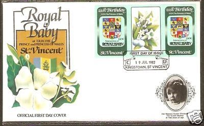 St. Vincent 1982 Diana & Royal Baby Flower Gutter FDC # 594-7