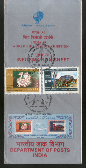 India 1987 INDIA-89 Stamp Exhibition Logo Phila-1081-82 Cancelled Folder