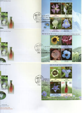 India 2013 Wild Flowers of India Lily Sunflowers Poppy Set of 3 M/s on FDCs