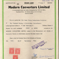 India 1985's Modern Converters Ltd. Share Certificate with Revenue Stamp # FA13