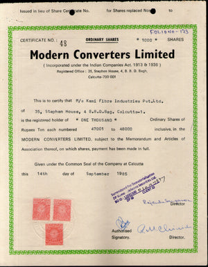 India 1985's Modern Converters Ltd. Share Certificate with Revenue Stamp # FA13