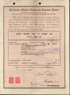 India 1991's Cochin Malabar Estates Industry Ltd Share Certificate+Revenue # FA15