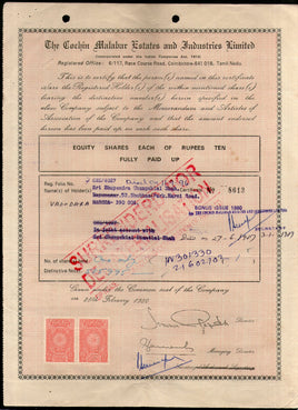 India 1980's Cochin Malabar Estates Industry Ltd Share Certificate Revenue # FA16