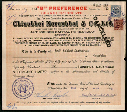 India 1950's Chinubhai Naranbhai & co. Share Certificate with Revenue Stamp # FA-19 - Phil India Stamps