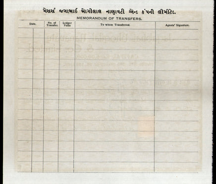 India Jagabhai Bhogilal Nanavaty & co. Share Certificate with Revenue Stamp # A1 - Phil India Stamps