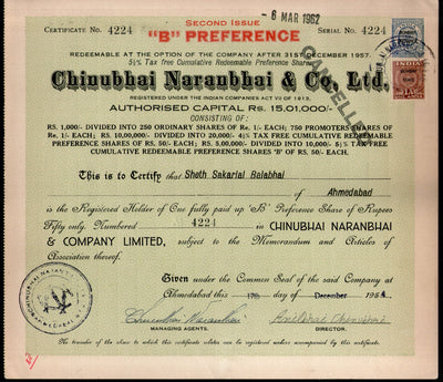 India 1950's Chinubhai Naranbhai & co. Share Certificate with Revenue Stamp # FA-21 - Phil India Stamps