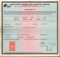 Certificat d'actions de Marmo &amp; Granite Ltd., Inde, 1993, avec timbre fiscal n° FA2