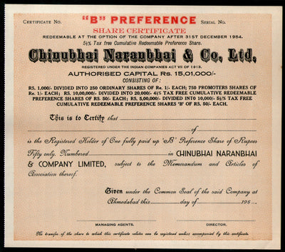 India 1950's Chinubhai Naranbhai & co. Preferance Share Certificate # FA04 - Phil India Stamps