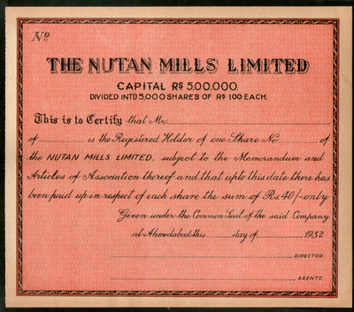 India 1932's The Nutan Mills Limited Share Certificate Blank # FA06 - Phil India Stamps