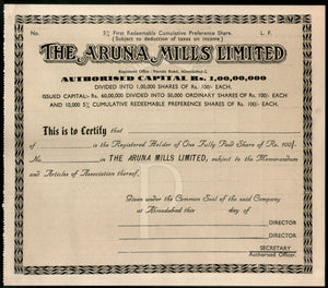 India 1950's The Aruna Mills Limited Share Certificate Blank # FA07 - Phil India Stamps