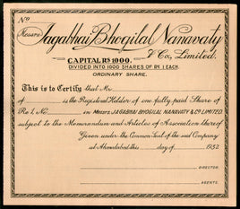 India 1932 Jagabhai Bhogilal Nanavaty & co. Share Certificate # FA08 - Phil India Stamps