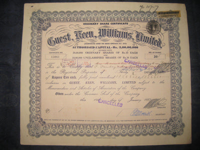 India 1950's Guest Williams Limited Share Certificate + Revenue # FB10 - Phil India Stamps