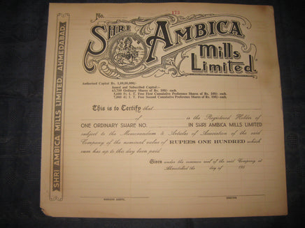 India 1950's Shri Ambica Mills Limited Share Certificate Hindu Goddess # FB011 - Phil India Stamps