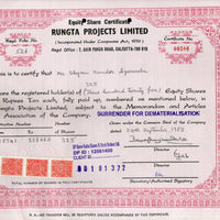 India 1983's Rungta Project Ltd. Share Certificate + Revenue Stamp # FB13