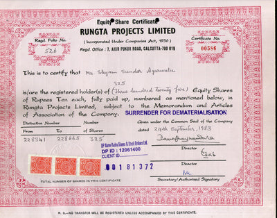 India 1983's Rungta Project Ltd. Share Certificate + Revenue Stamp # FB13
