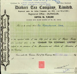 India 2001's Diabari Tea Company Ltd. Share Certificate + Revenue Stamp # FB14