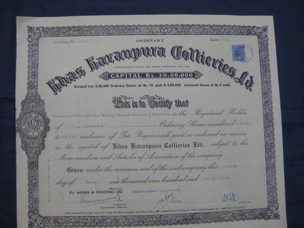India 1963's Khas Karanpura Collieries Ltd. Mine Share Certificate Revenue # FB1