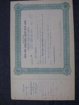 India Aurora Model Manufacturing Company Private Ltd. Share Certificate # FB7
