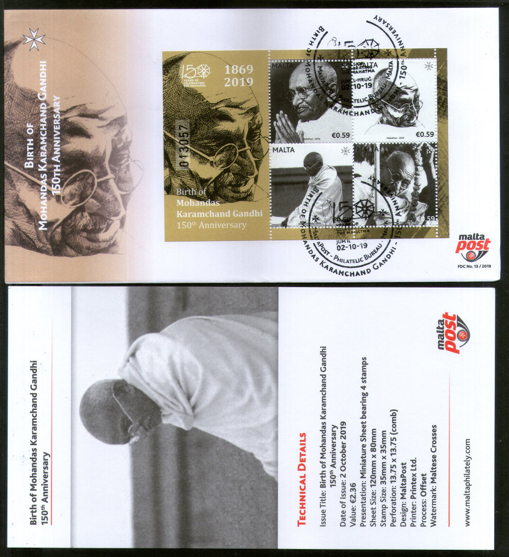 Malta 2019 Mahatma Gandhi of India 150th Birth Anniversary M/s FDC + Folder # 138