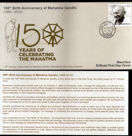 Maurice 2019 Mahatma Gandhi de l'Inde 150e anniversaire de la naissance 1v FDC avec information # 167